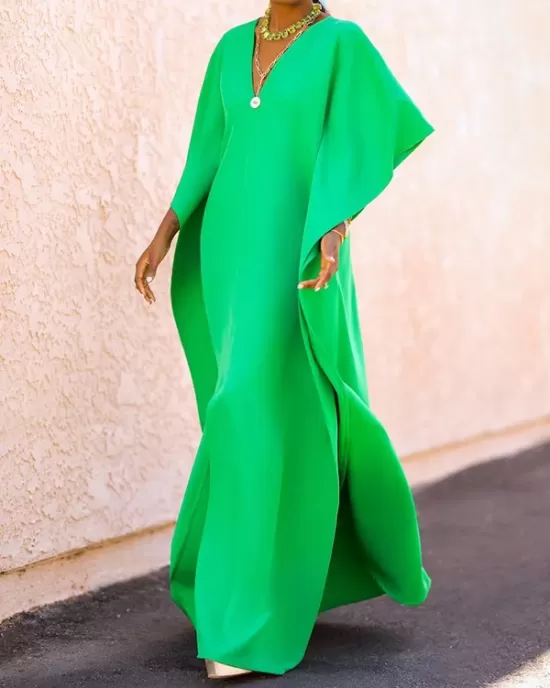 Batwing Sleeves Loose Solid Color Split-Side V-Neck Maxi Dresses