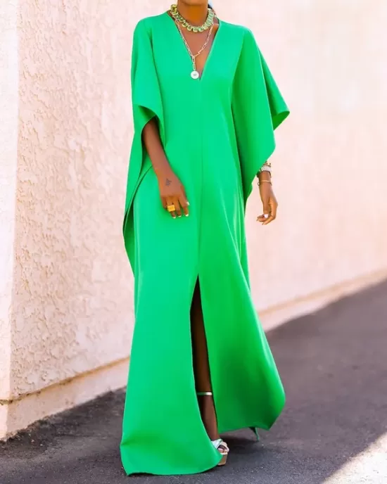 Batwing Sleeves Loose Solid Color Split-Side V-Neck Maxi Dresses