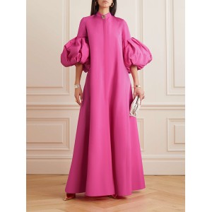 Loose Flower Shape Solid Color Stand Collar Lantern Sleeves Maxi Dresses