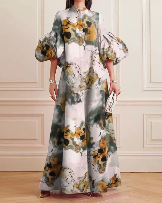 Loose Flower Shape Solid Color Stand Collar Lantern Sleeves Maxi Dresses