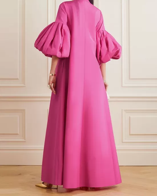 Loose Flower Shape Solid Color Stand Collar Lantern Sleeves Maxi Dresses