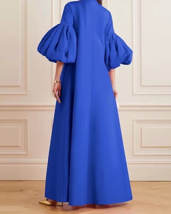 Loose Flower Shape Solid Color Stand Collar Lantern Sleeves Maxi Dresses