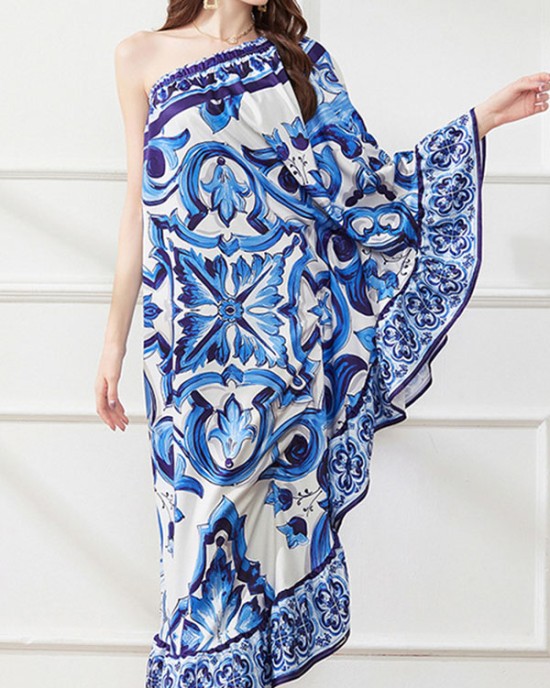 Asymmetric Falbala Floral Printed Batwing Sleeves Loose One-shoulder Midi Dresses