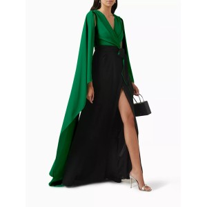 Batwing Sleeves Bandage Contrast Color Split-Front Zipper V-Neck Evening Dresses