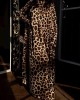 Leopard Flared Sleeves Long Sleeves High-neck Maxi Dresses