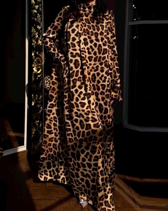 Leopard Flared Sleeves Long Sleeves High-neck Maxi Dresses