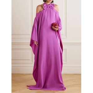 Bow-Embellished Hollow Solid Color Batwing Sleeves Loose Cold Shoulder Maxi Dresses