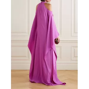 Bow-Embellished Hollow Solid Color Batwing Sleeves Loose Cold Shoulder Maxi Dresses