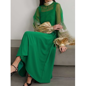 Contrast Color Split-Joint Lantern Sleeves High-Neck Cover-Ups Tops&Midi Dresses Suits