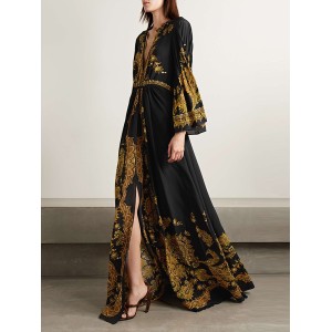 Contrast Color Printed Split-Front Flared Sleeves Loose Maxi Dresses