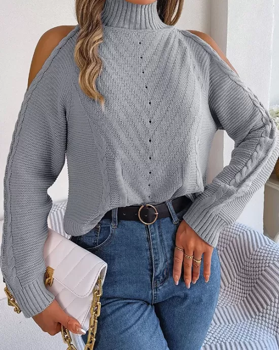 Solid Color Split-Joint Long Sleeves Loose Cold Shoulder Sweater Tops