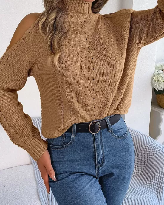 Solid Color Split-Joint Long Sleeves Loose Cold Shoulder Sweater Tops