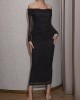 Pleated See-Through Sequined Solid Color Split-back Split-Joint Long Sleeves Skinny Tube Evening Dresses