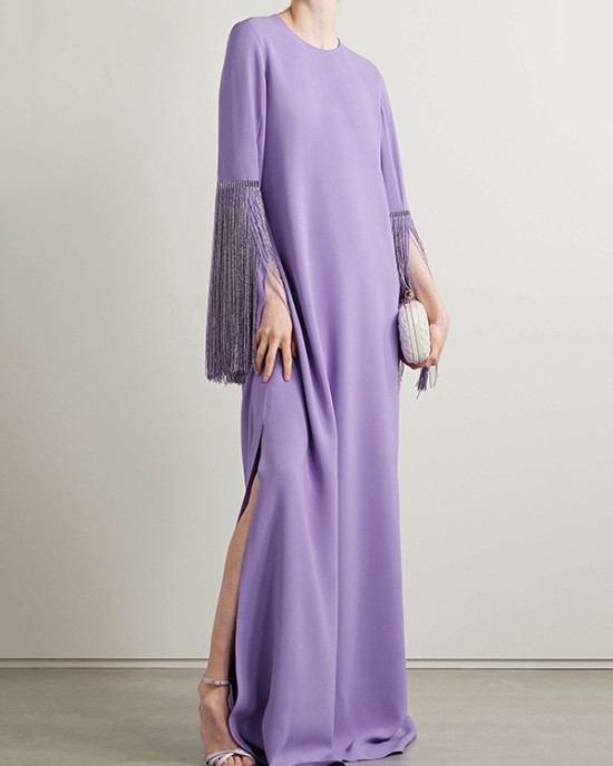 H-Line Long Sleeves Solid Color Split-Side Tasseled Round-Neck Maxi Dresses