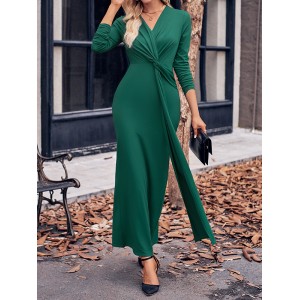 Bowknot Solid Color Bodycon Long Sleeves V-neck Maxi Dresses