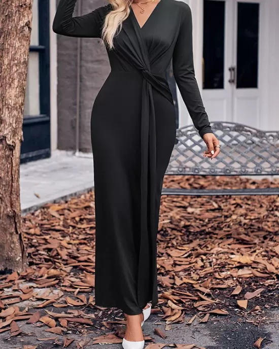 Bowknot Solid Color Bodycon Long Sleeves V-neck Maxi Dresses