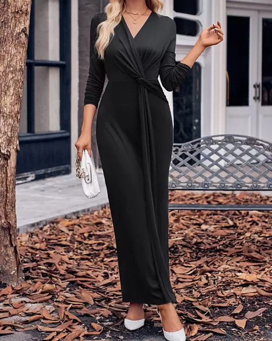 Bowknot Solid Color Bodycon Long Sleeves V-neck Maxi Dresses