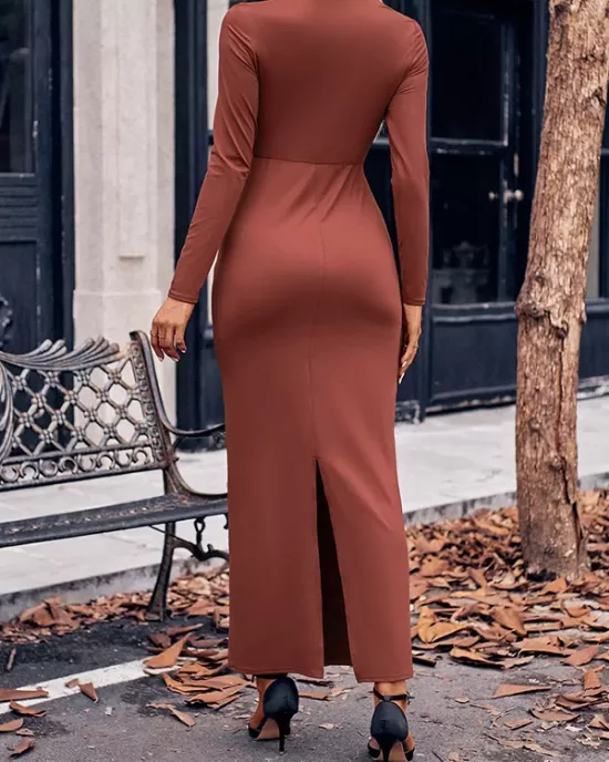 Bowknot Solid Color Bodycon Long Sleeves V-neck Maxi Dresses