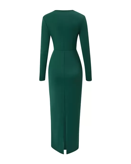 Bowknot Solid Color Bodycon Long Sleeves V-neck Maxi Dresses