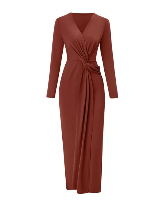 Bowknot Solid Color Bodycon Long Sleeves V-neck Maxi Dresses