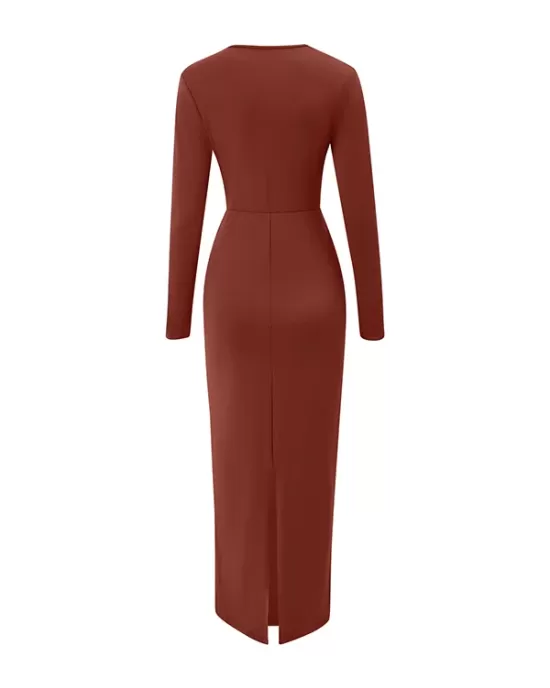 Bowknot Solid Color Bodycon Long Sleeves V-neck Maxi Dresses