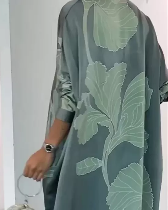 Long Sleeves Buttoned Contrast Color Flower&Leaves Print Muslim V-Neck Maxi Dress