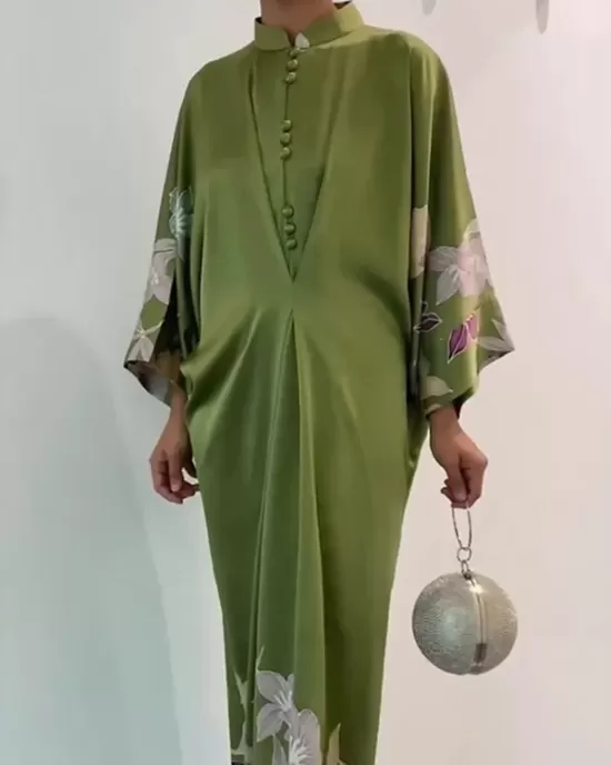 Batwing Sleeves Loose Floral Printed Muslim Pleated Stand Collar Maxi Dresses