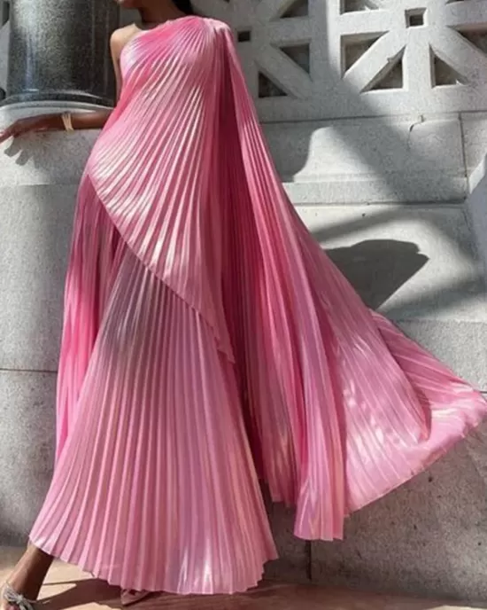 Loose Asymmetric Pleated One-Shoulder Maxi Dresses