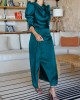 Pleated Solid Color Split-Front A-Line High Waisted Mock Neck Maxi Dresses