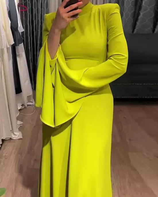 Ruffle Sleeves Skinny Belted Solid Color Round-Neck Maxi Dresses