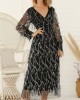 Gauze Pockets See-Through Sequined Split-Joint Long Sleeves Loose V-Neck Midi Dresses Evening Dresses