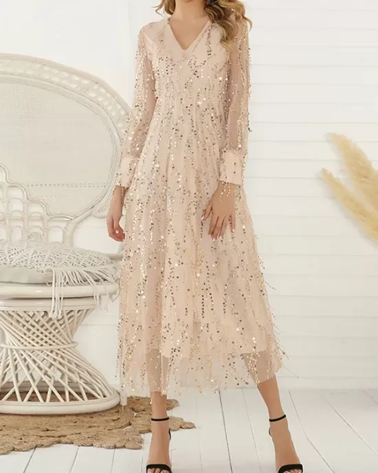 Gauze Pockets See-Through Sequined Split-Joint Long Sleeves Loose V-Neck Midi Dresses Evening Dresses