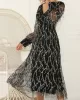 Gauze Pockets See-Through Sequined Split-Joint Long Sleeves Loose V-Neck Midi Dresses Evening Dresses