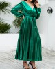 Bronzing Elasticity Pleated Solid Color Tied Waist Long Sleeves Loose V-Neck Midi Dresses