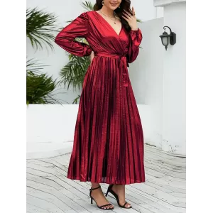 Bronzing Elasticity Pleated Solid Color Tied Waist Long Sleeves Loose V-Neck Midi Dresses