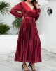 Bronzing Elasticity Pleated Solid Color Tied Waist Long Sleeves Loose V-Neck Midi Dresses