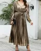 Bronzing Elasticity Pleated Solid Color Tied Waist Long Sleeves Loose V-Neck Midi Dresses