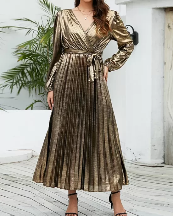 Bronzing Elasticity Pleated Solid Color Tied Waist Long Sleeves Loose V-Neck Midi Dresses