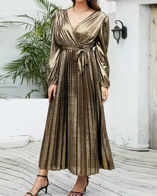 Bronzing Elasticity Pleated Solid Color Tied Waist Long Sleeves Loose V-Neck Midi Dresses