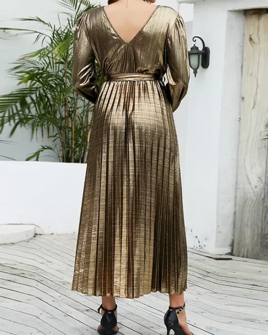 Bronzing Elasticity Pleated Solid Color Tied Waist Long Sleeves Loose V-Neck Midi Dresses