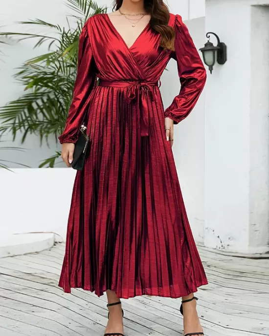 Bronzing Elasticity Pleated Solid Color Tied Waist Long Sleeves Loose V-Neck Midi Dresses