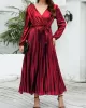 Bronzing Elasticity Pleated Solid Color Tied Waist Long Sleeves Loose V-Neck Midi Dresses