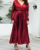 Bronzing Elasticity Pleated Solid Color Tied Waist Long Sleeves Loose V-Neck Midi Dresses