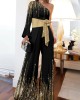 Long Sleeves Loose Printed Shiny Tied Waist One-Shoulder Jumpsuits Bottoms