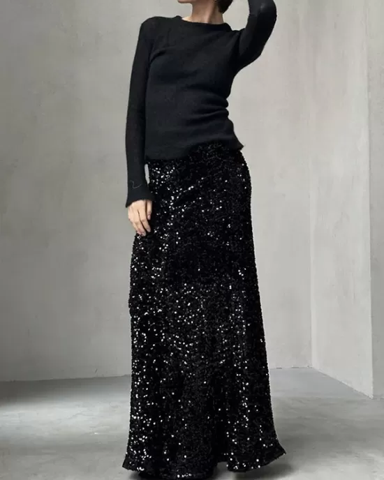 Sequined Split-Joint H-Line Loose Skirts