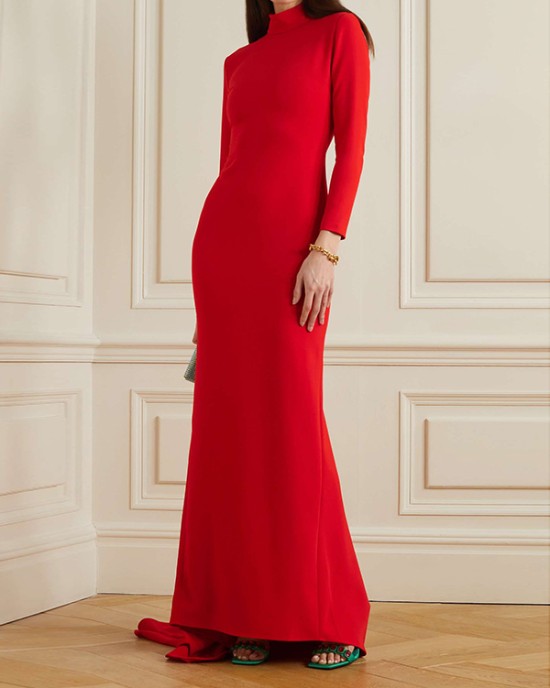 Long Sleeves Solid Color Half Turtleneck Evening Dresses Maxi Dresses