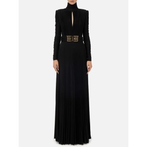 Long Sleeves Pleated Solid Color Split-Side V-Back High-Neck Evening Dresses Maxi Dresses