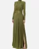 Long Sleeves Pleated Solid Color Split-Side V-Back High-Neck Evening Dresses Maxi Dresses