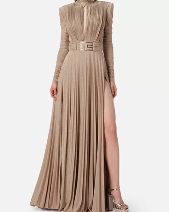 Long Sleeves Pleated Solid Color Split-Side V-Back High-Neck Evening Dresses Maxi Dresses