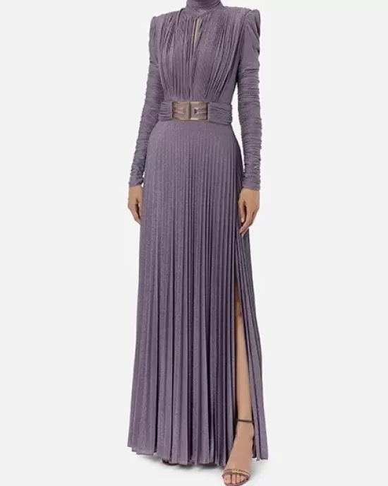 Long Sleeves Pleated Solid Color Split-Side V-Back High-Neck Evening Dresses Maxi Dresses